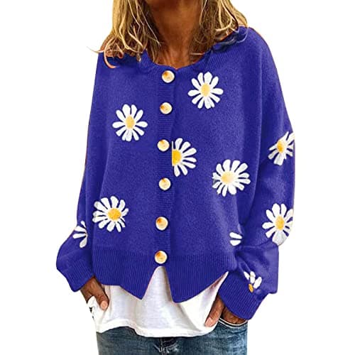 Image of Womens Knit Cardigans Sweaters Floral Print Long Sleeve Crew Neck Sweaters Button Down Ribbed Cuffs Knit Cropped Cardigan Fall Winter Cropped Cardigan Boho Tops Halloween Clothes (Blue, XXL)