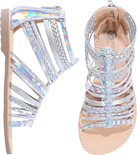 Image of MIXIN Girls Gladiator Sandals for Big Kid Little kids with Strappy Ankle High Back Zipper Silver Size UK4