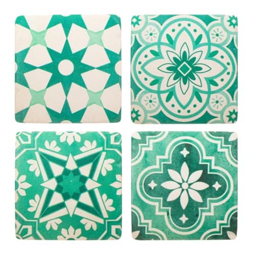 Image of Sass & Belle Green Tile Coasters - Set of 4 Mediterranean Style Resin Drink Mats Set of 4, Ideal for Coffee Tables, Kitchen Use or Housewarming Gift Ideas