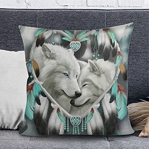Image of Showudesigns Wolf Throw Pillow Cover Decorative Square Cushion Covers Female Friends Birthday Gifts Dreamcatcher Couple White Wolves Pillow Protectors