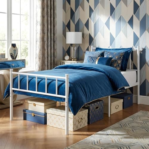 Image of Harbour Housewares 3ft Single Metal Bed Frame White – Heavy Duty Steel Bed with Headboard Footboard and 36cm Underbed Storage – Fits 190 x 90cm Mattress – Strong Metal Slats Max Weight 110kg