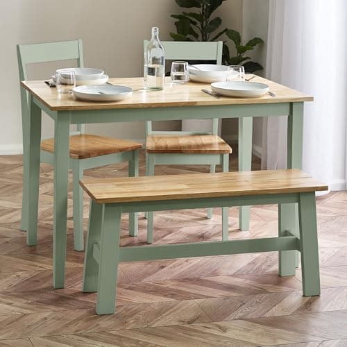 Image of Julian Bowen Linwood Dining Table - Sage Green and Wood Rectangular Kitchen Table for 2-4 People, 114 x 68cm, Rustic & Compact 4 Seater Tabletop for Dining Room - Oak Effect