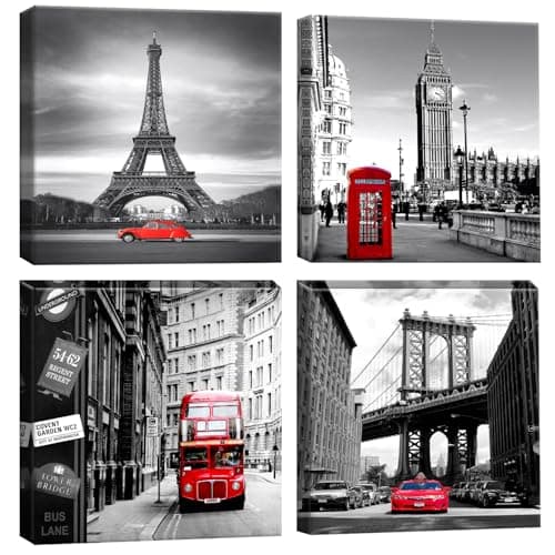 Image of Artscope 4 Pieces Wall Art Canvas Prints - Red Cityscape with Eiffel Tower, Big Ben, Tower Bridge Picture Painting- Modern Wall Artwork Framed for Bathroom Home Office Decor - 30 x 30 CM
