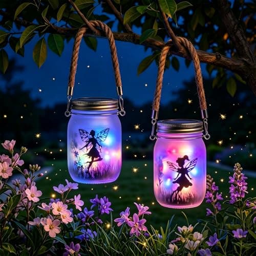 Image of 2 Pack Solar Fairy Lantern Outdoor Garden Ornaments IP65 Waterproof Frosted Glass Solar Mason Jar Lights LED Hanging Lamp for Table, Yard, Garden, Patio, Lawns, Decoration (Multicolor)