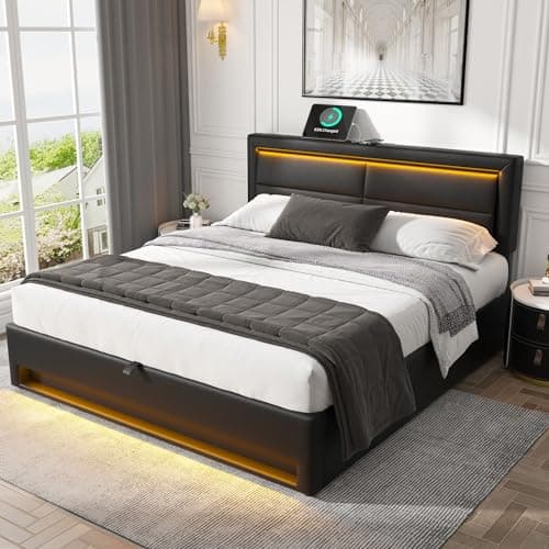 Image of Ball & Cast Size Bed Frame with Storage & Headboard, 5ft Upholstered Ottoman Bed Frame with Charging-Port & LED-Lighting, Wooden Slatted, Linen, 150 * 200cm, Black,(No Mattress)