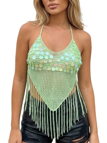 Image of Women's Sequin Shell Fringe Halter Top Crochet Openwork Tassel Crop Tops Backless Tie Boho Vest for Beach Party Wear (A-Green, M)