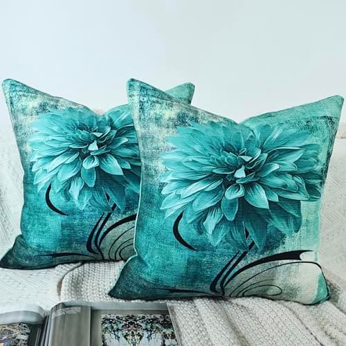 Image of OYIMUA 2 Pack Chenille Cushion Covers 50cm x 50cm Teal Modern Floral Throw Pillow Covers Luxury Decorative Pillows Scatter Cushion Cover Square Soft Pillowcases 20 x 20