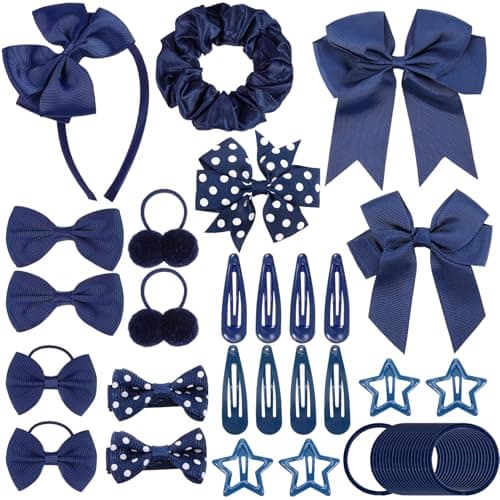 Image of 65Pcs Girls School Navy Hair Accessories Set Girls Navy Blue Headband Hair Clips Hair Bobbles Elastics Bands Ribbon Hair Barrettes Hair accessories for girls Birthday Gift blue