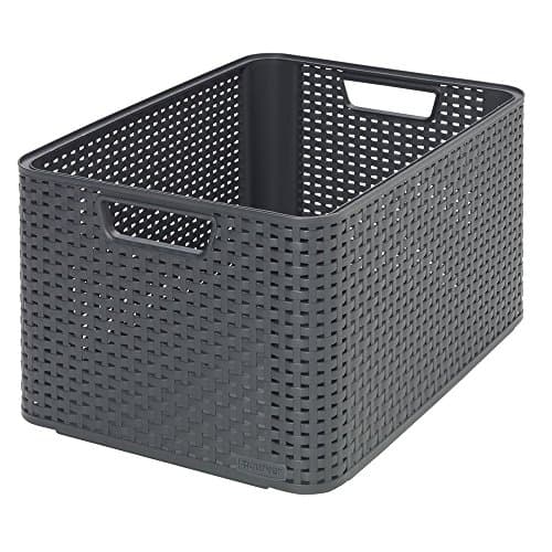 Image of Curver Storage Basket Style 30L – Textured Rattan Look – For Bedroom, Living Room, Bathroom, Laundry Room – 44.5 x 33 x 25 cm – Anthracite – 70% Recycled