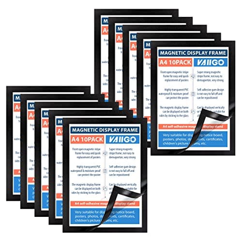 Image of VAIIGO A4 Self Adhesive Magnetic Display Frame, Magnetic Paper Holder for License, Photos, Documents (10Pack, Black)
