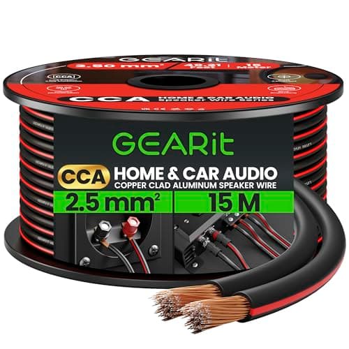 Image of GEARit 2x2.5mm² Speaker Cable 15M, 14AWG Twin Core Speaker Wire with Polarity Markings, Flexible CCA Copper Clad Aluminum Audio Cable for In-Wall Home Home Cinema, HiFi & Car Stereo - Black