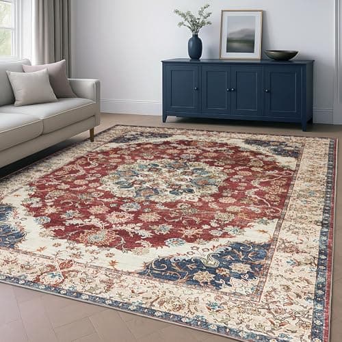 Image of Aspire Homeware Machine Washable Extra Large Gold Red Rugs Living Room 200x290 cm Low Pile Area Rugs For Bedroom, Dining Room, Soft Non Slip Carpet for Kids Room Vintage Design Boho Rug, Whisper