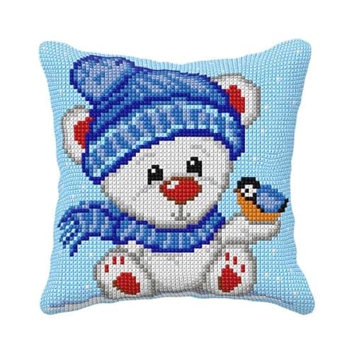 Image of Orchidea Bear with Bird Cushion Cross-Stitch kit (quickpoint Pillow Cover kit) 40 x 40cm. Skill Level Medium