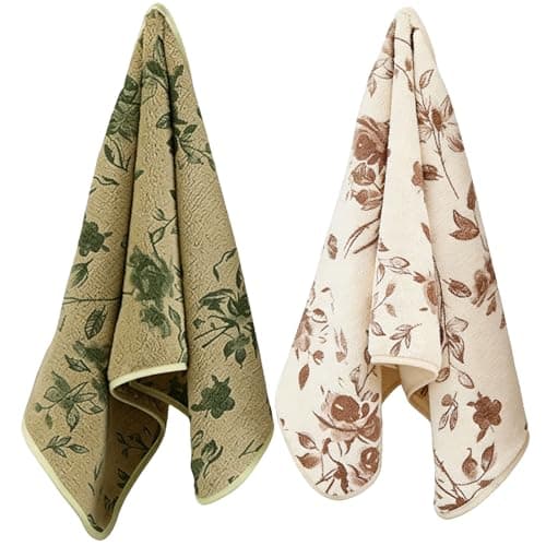 Image of rexinwadfu 2 Pack Green Hand Towels for Bathroom, 35x75cm Ultra Soft Super Absorbent Microfiber Hand Towel for Kitchen, Vintage Floral Beige Green Small Towel for Hair Spa Sports and Travel