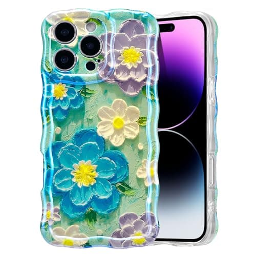 Image of EYZUTAK Case for iPhone 12 Pro, Colorful Retro Oil Painting Flower Laser Glossy Pattern Cute Curly Wave Edge Exquisite Phone Cover Stylish Durable TPU Protective Case for Girl Women - Blue Purple