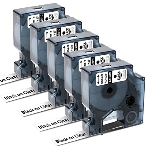 Image of Oozmas Compatible with Dymo D1 45010 Black on Clear Label Tape 12mm x 7m, Clear Tape Compatible with Dymo LabelManager 160 210D 360D 420P 450D 500TS, 5-Pack