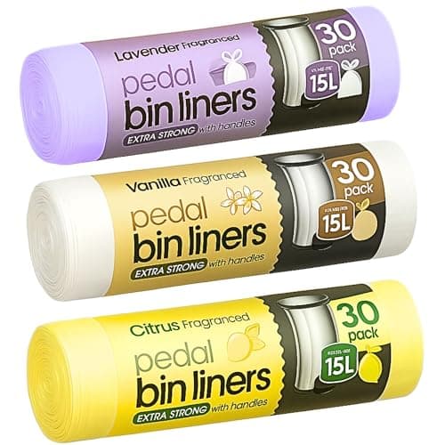 Image of 90 Extra Strong Scented Bin Liners 15L | Fragranced Pedal Bin Bags Lavender bags, Vanilla, Citrus 3 rolls of 30