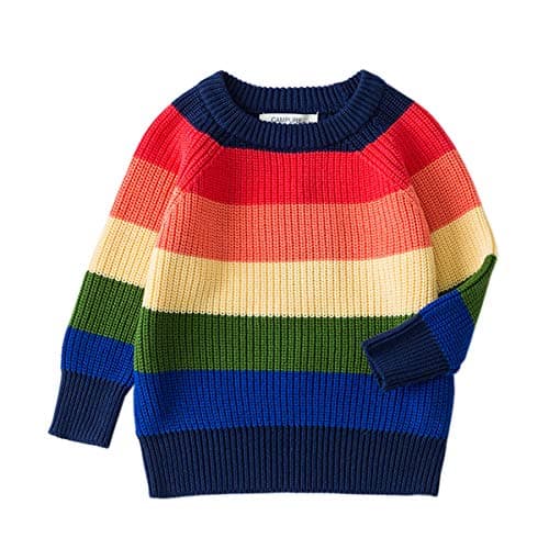 Image of ACVIP Baby Kids Rainbow Stripes Knitted Jumper Girls Long Sleeve Pullover Top Knitwear (Blue, 6 Years)