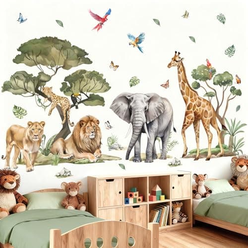 Image of wondever Large Jungle Safari Animals Tree Wall Stickers Elephant Lion Giraffe Leopard Peel and Stick Wall Art Decals for Baby Nursery Kids Bedroom Living Room