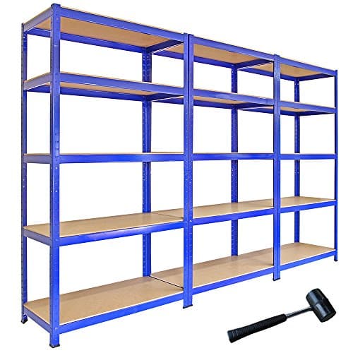 Image of T-Rax Pack of 3 Garage Shelving Units 5 Tier Heavy Duty Rack for Storage Steel Utility Shelves Metal & MDF Boltless Racking Assembly System 180cm x 90cm x 45cm 4200KG Capacity 280KG Per Shelf Blue
