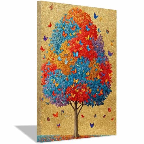 Image of PUQAAEO Tree of Life Wall Art Painting Rainbow Tree Abstract Landscape Painting,Modern Wall Decorations Pictures, Living Room Bedroom Bathroom,Office(Multicolor)-30x45cm Framed