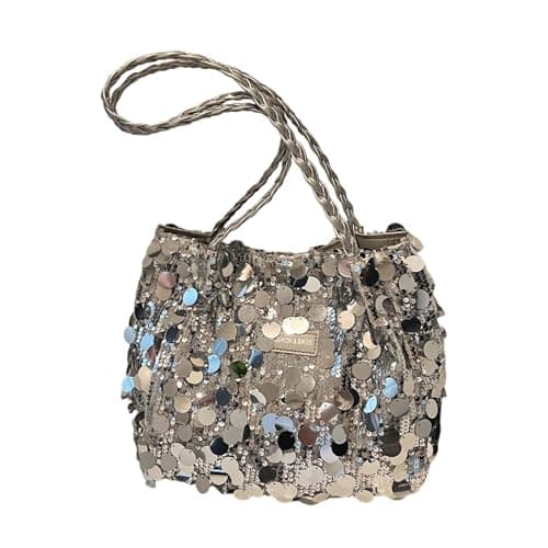 Image of Women Sequin Bucket Bag Silver Black Shiny Handbag Chain Strap Crossbody Shoulder Party Evening Clutch Purse Ladies Summer Accessory Small Capacity Tote Bag Glitter Design