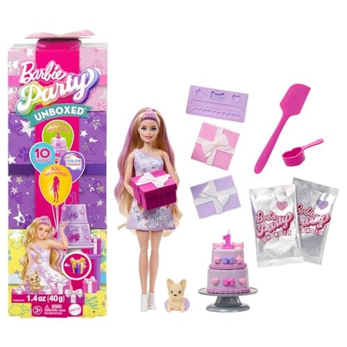 Image of Barbie Party Unboxed Doll & Accessories, Pet Birthday Series Birthday Bows Set with 10 Surprises Including Color Change & Cake-Decorating Activity, JFG70