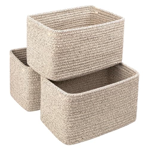 Image of R RUNKA Small Cotton Rope Rectangular Storage Basket Set of 3 - 11"x7"x7" - Perfect Woven Baskets for Storage, Ideal for Organizing Toys, Towels, and More - Baskets for Shelves and Home Decor (Beige)