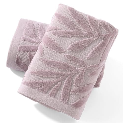 Image of sense gnosis Jacquard Full Embossed Velvet Salix Leaves Pattern Hand Towel Set of 2 Super Soft 100% Cotton Highly Absorbent Decorative Hand Towels for Bathroom Spa 13x 29 Inch, Purple