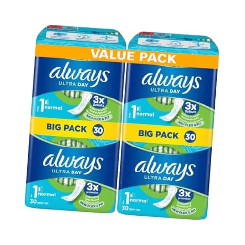Image of Always Ultra Day Sanitary Pads Size 1 Normal - 60 Pads (2 Packs of 30) Big Pack for Reliable Daytime Protection and Comfort