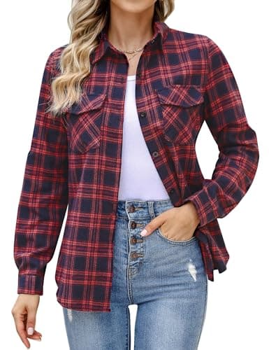Image of Aottori Women Flannel Checked Shirt Ladies Long Sleeve Cotton Casual Plaid Shirts V Neck Button Down Blouse Top with Pockets Navy-Red L