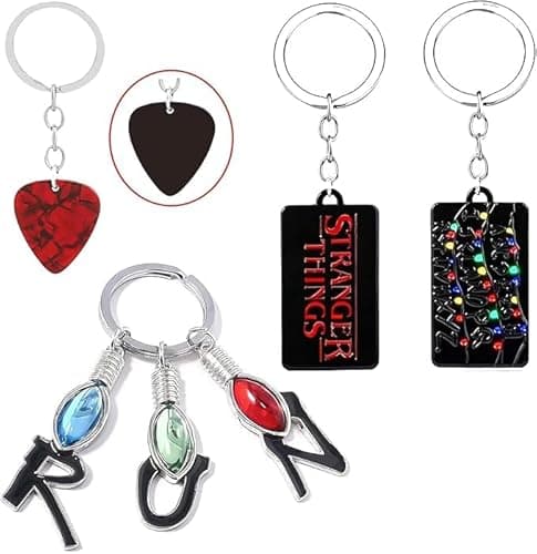Image of MAIREULB Stranger Things Keychain Set - RUN Letter Pendant & Logo/Christmas Lights Charms, Metal Enamel Keyrings for Fans (03)