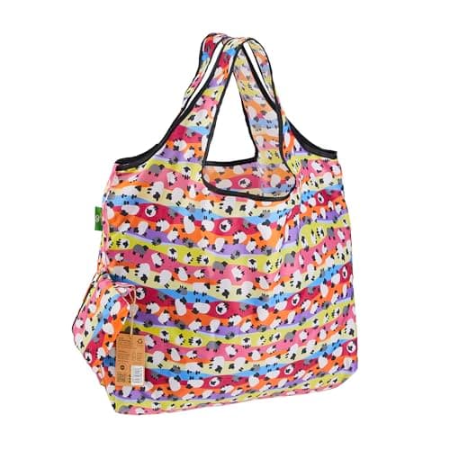 Image of ECO CHIC Foldable Reusable Large Recycled Grocery Bags Lightweight Shopping Tote Bags with Storage Pouch (Colourful Sheep)