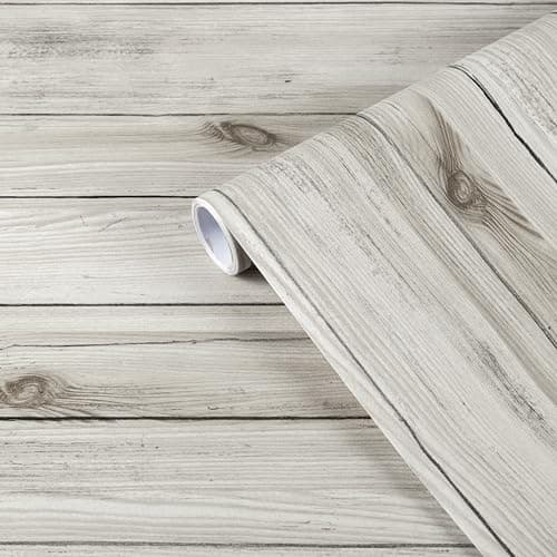 Image of Abyssaly Sticky Back Plastic Wood Effect Vinyl Wrap Self Adhesive Wallpaper Waterproof White Grey Wood Panel Wallpaper Decorative Kitchen Worktop Cabinet Wall 30cm X 200cm