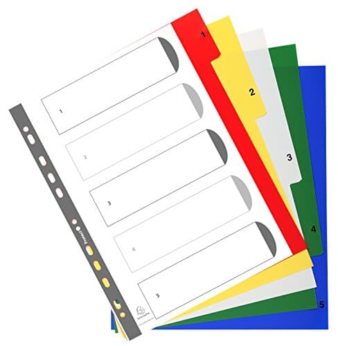 Image of Exacompta - Ref 85E - PP Printed Indices - For Use With A4+ Documents, 0.1mm Polypropylene, Pre-Punched, Soft & Tear Resistant - 5 Divider Parts (1-5) - White With Coloured Tabs