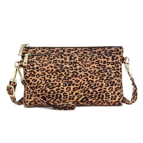 Image of ZOUIQSS Triple Zip Small Crossbody Bag Lightweight Purses Faux Leather Wristlet Clutch, Includes Adjustable Shoulder(Leopard)