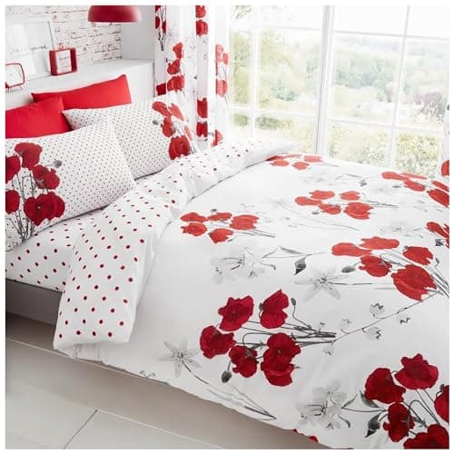 Image of GC GAVENO CAVAILIA Luxurious Poppy Floral Bed Set Duvet Cover With Matching Pillow-cases, Easy Care Polycotton Washable Quilt Cover Red, Double