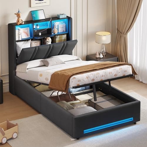 Image of DICTAC 3ft Single Ottoman Storage Bed with RGB LED Lighting, Upholstered Bed Frame with Charging Station & Bookcase Headboard, Hydraulic Lift up Bed Frame, Grey, 90x190cm