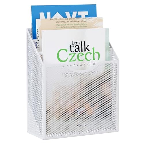 Image of EasyPAG Metal Mesh 3 Tier Portrait A4 Wall Mounted Magazine Holder,Desk Leaflet Display Stand,File Organiser,Literature Storage Rack for Office & Home Desktop Tidy,White