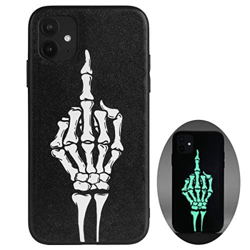 Image of X spirit Skull Case for iPhone 11 - Skeleton Hand Gesture Design - Cool Gothic Punk Aesthetic - Shockproof Protective Bumper, Leather Finish Glow in the Dark Cover