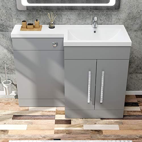 Image of ELEGANT 1100mm L Shape Bathroom Vanity Sink Unit Furniture Storage, Right Hand Matte Grey Vanity unit + Resin Basin + Concealed Cistern