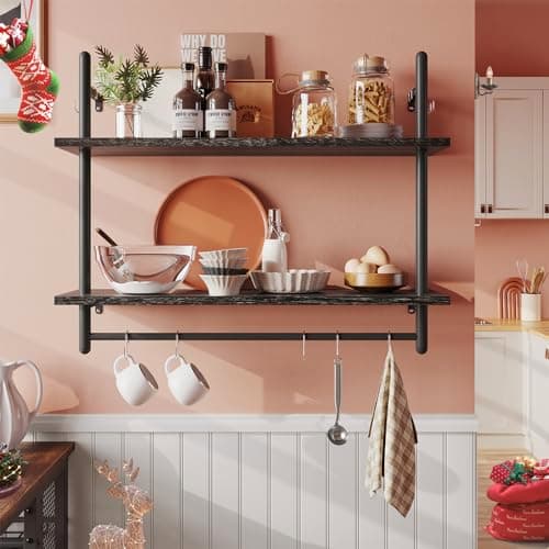 Image of Bestier shelf Industrial Floating Shelving 31" Kitchen Wall-Mounted Towel Bar Hooks Coffee Bar Wine Hanging Display Rack Living Room Decor Bathroom-Charcoal Black