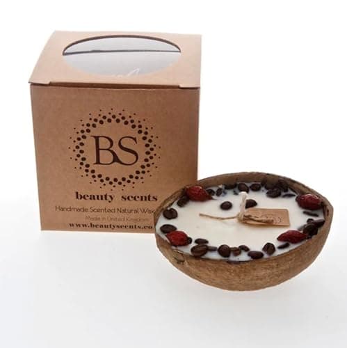 Image of Handmade Tropical Scented Soy Candle in Coconut Shell, Coffee Beans, Pineapple & Coconut, Decorated Candle, Large Scented Candle,