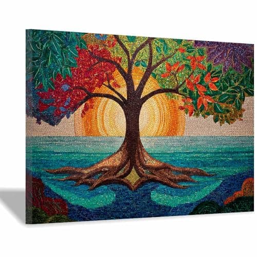 Image of XENIOU Nature Wall Art Mosaic Tree Sunset Art canvas painting wall art, Living Room Bedroom Hallway Stairs Decoration.(Multicolor)-20x30cm Framed