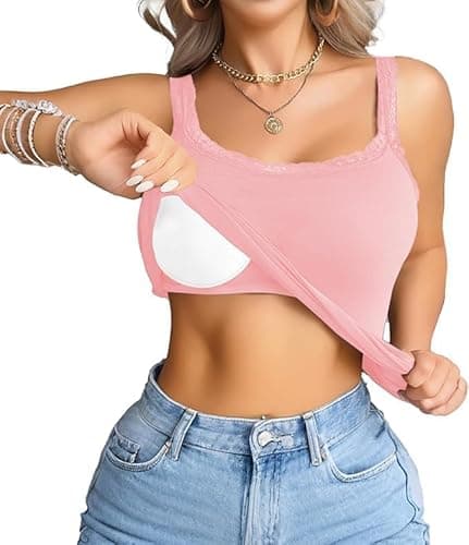 Image of Vest Tops for Women Lace Cami Tops with Built in Bra Summer Breathable Round Neck Sleeveless Vest Comfortable Casual Basic Tank Undershirt for Daily Wear Pink