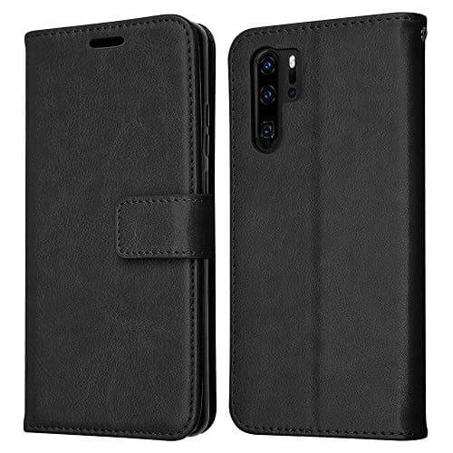 Image of TECHGEAR Compatible with Huawei P30 Pro Leather Wallet Case, Flip Protective Case Cover with Card Slots, Kickstand and Wrist Strap - Black PU Leather fit Huawei P30 Pro