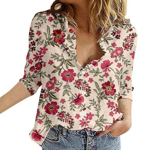Image of Womens Blouses Button Down V Neck Collared Classic Polka Dot T Shirts Casual Long Sleeve Ladies Tops (Floral-13, M)