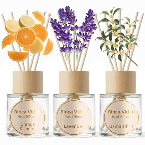 Image of Binca Vidou Reed Diffuser Set of 3, Natural Scent Oil Diffusers with Sticks for Home Office Bathroom Aromatherapy Decor (Lavender, Osmanthus, Orange & Lemon, 50ml x 3)