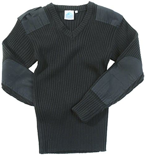 Image of Mens Army Pullover Security Military Jumper Knitted Sweater V Neck With Shoulder Epaulettes And Elbow Patches (Small, Black)