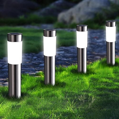 Image of Joomer Solar Lights Outdoor Garden, 4 Pack Garden Lights Solar Powered Waterproof, LED Pathway Lighting Solar Powered Path Light Decoration for Patio Driveways Landscape Lawn Yard, White